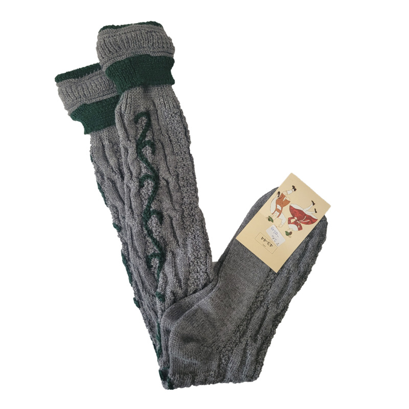 Trachtenkniebundstrumpf in Handstrickmuster und bestickter Ranke mit Umschlag